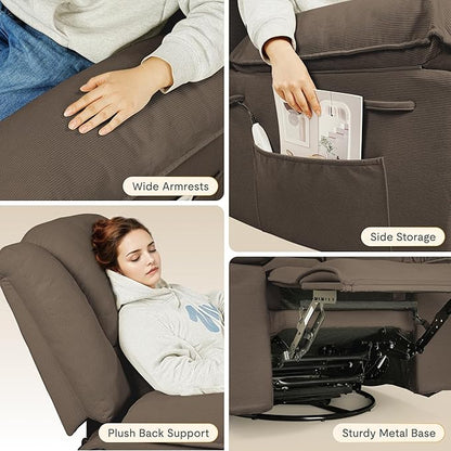 FLEXISPOT 360° Swivel Rocker Recliner with Massage & Heat for Adults, Manual Rocking Chair with USB Port & Side Pocket, Swivel Glider Recliner for Living Room Apartment Small Spaces, Brown