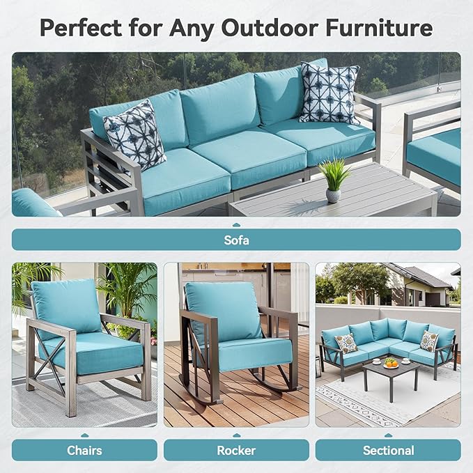 Luxury 6" Outdoor Cushions for Patio Furniture, 24x24x6" Thick Seat Cushion Set of 6, Fade Resistant Couch Chair Replacement Cushions High Density Deep Wicker Chair Cushion w/ Removable Cover, Teal