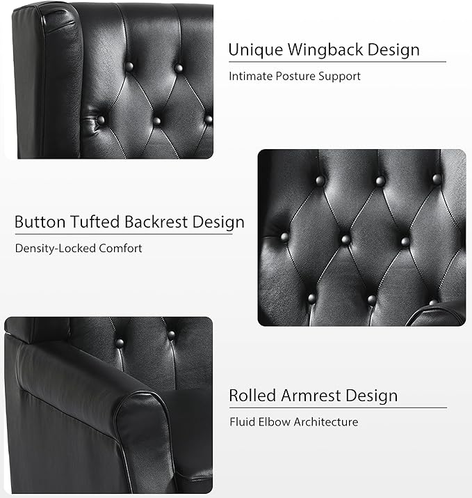 Lumibee High Back Accent Chair,Upholstered Faux Leather Wingback Armchair with Solid Wood Legs for Small Spaces,Comfy Single Sofa Chair for Living Room,Bedroom,Office-Black