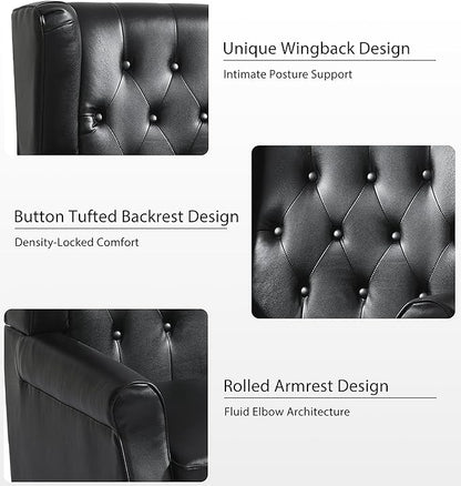 Lumibee High Back Accent Chair,Upholstered Faux Leather Wingback Armchair with Solid Wood Legs for Small Spaces,Comfy Single Sofa Chair for Living Room,Bedroom,Office-Black