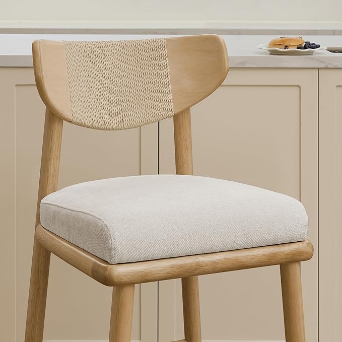 Watson & Whitely Boho Counter Height Bar Stools Set of 2, 27” Modern Upholstered Bar Stools with Natural Woven Rope Back and Solid Wood Frame for Kitchen Island, Home Bar, Fabric in Linen