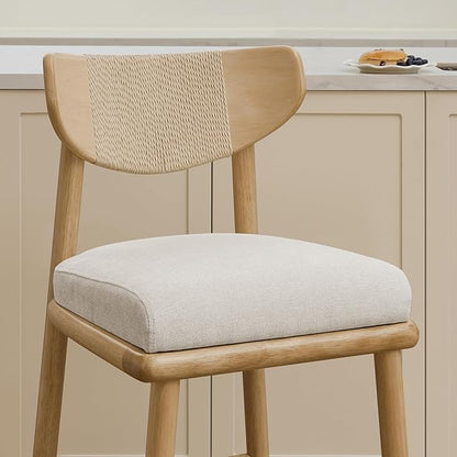 Watson & Whitely Boho Counter Height Bar Stools Set of 2, 27” Modern Upholstered Bar Stools with Natural Woven Rope Back and Solid Wood Frame for Kitchen Island, Home Bar, Fabric in Linen