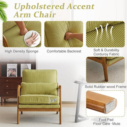 VINGLI Upgraded Premium Corduroy Accent Chairs Set of 2,Upholstered Arm Chair,Solid Wood Comfy Reading Chair with Pillow, Mid Century Modern Chairs for Living Room,Bedroom,Green