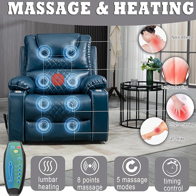 Large Power Lift Recliner Chair Sofa with Massage and Heat for Big and Tall Elderly,Infinite Positions,Dual Motor,Cup Holders,Air Leather Home Theater Seat