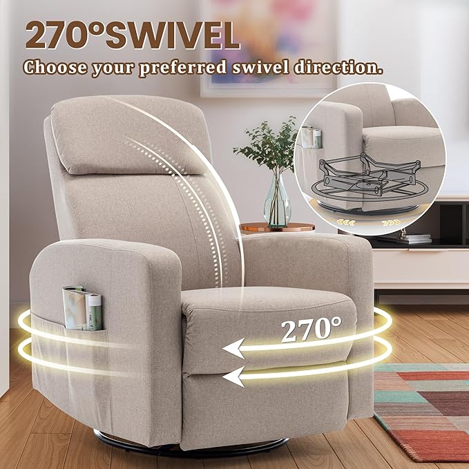 Power Swivel Recliner Chairs for Adults, Electric Glider Rocking Chair Nursery, Glider Recliner Nursery Chair with Classified Side Pocket, Nursery Rocking Chairs with USB and Type-C Ports