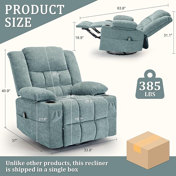 Adult 360° Swivel Rocking Recliner, Baby Room Glider Recliner with Massage and Heating, Rocking Chair with Cup Holder, Living Room and Bedroom Manual Chair (Fabric, Lake Blue)