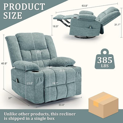 Adult 360° Swivel Rocking Recliner, Baby Room Glider Recliner with Massage and Heating, Rocking Chair with Cup Holder, Living Room and Bedroom Manual Chair (Fabric, Lake Blue)