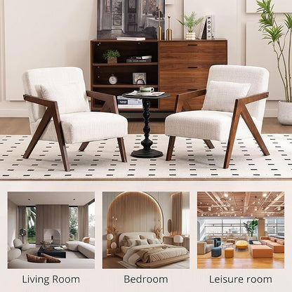 Mid-Century Modern Accent Chair Set of 2 with Solid Wood Frame，Upholstered Chenille Living Room Arm Chairs with Pillow for Bedroom, Living Room, Reading Room, Balcony, Beige