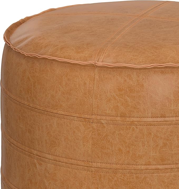 SIMPLIHOME Brody Boho Round Pouf in Distressed Brown Vegan Faux Leather for the Living Room, Bedroom and Kids Room
