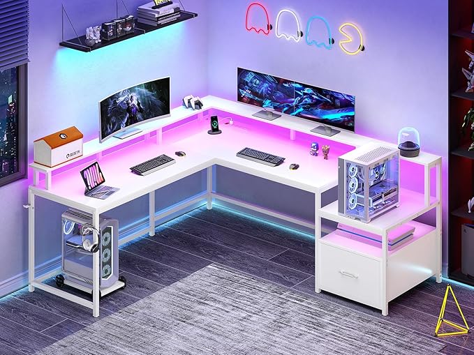 SEDETA White L Shaped Gaming Desk, 66" Home Office Desk with Wood File Drawer, Power Outlet and Led Lights, Corner Computer Desk with Monitor Shelf, Printer Storage Shelves, for Two Person