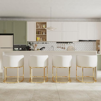 Cream Velvet Bar Stools Set of 4, 24" Contemporary Upholstered Fabric Counter Height Barstools Kitchen Counter Island Stools with Golden Metal Base