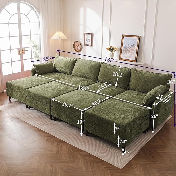 135'' Modular Sectional Sofa with All Seats Storage, Oversized Sleeper Sofa Bed,4-Seater Comfy Cloud Couches with Movable Ottoman,Big Sectionals for Living Room,Bedroom,Velet,Green