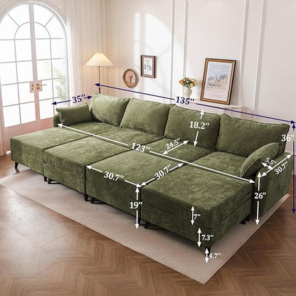 135'' Modular Sectional Sofa with All Seats Storage, Oversized Sleeper Sofa Bed,4-Seater Comfy Cloud Couches with Movable Ottoman,Big Sectionals for Living Room,Bedroom,Velet,Green