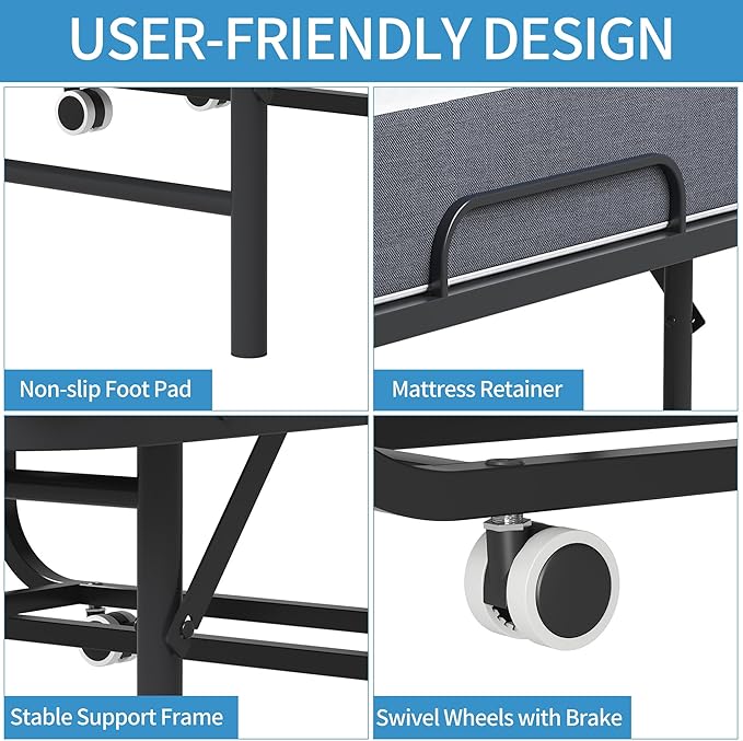 Folding Bed with Mattress for Adults, 75" x 38" Foldable Bed, Twin Size Metal Bed Frame with Wheels, Portable Rollaway Bed for Guest, Travel