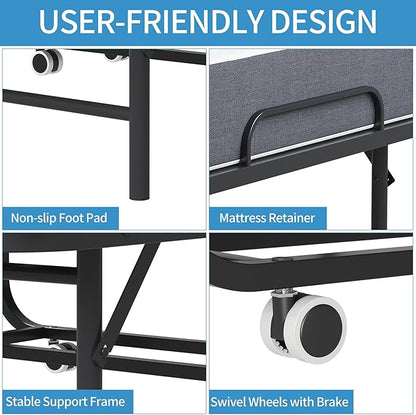 Folding Bed with Mattress for Adults, 75" x 38" Foldable Bed, Twin Size Metal Bed Frame with Wheels, Portable Rollaway Bed for Guest, Travel