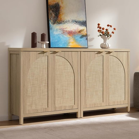 SICOTAS 68" W Rattan Sideboard Buffet Cabinet with Storage Set of 2, Mid Century Modern Credenza with Arch Doors & Shelves Boho Coffee Bar Media Console Cabinets for Kitchen, Living Room, Entryway