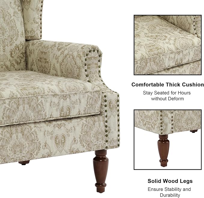 Accent Chair, Upholstered High Back Floral Armchair with Nailhead Trim & Wood Legs, Comfy Wingback Reading Single Sofa Chair for Small Spaces, Living Room, Bedroom-Light Brown Floral, 1 SEAT