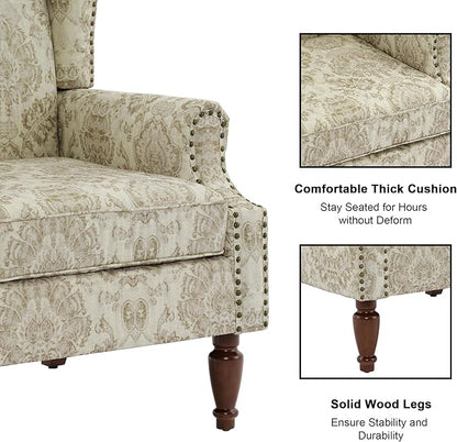 Accent Chair, Upholstered High Back Floral Armchair with Nailhead Trim & Wood Legs, Comfy Wingback Reading Single Sofa Chair for Small Spaces, Living Room, Bedroom-Light Brown Floral, 1 SEAT