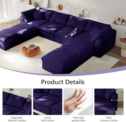 138" Boneless Cloud Couch Modular Sectional Sofa with Deep Seat for Living Room, L Shape Couch with Ottoman, Snowflake Cloth and 40D Memory Sponge，2 Throw Pillows (Purple, 4 Seater+4 Ottoman)