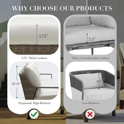 4 Piece Patio Furniture Set, All-Weather Wicker Outdoor Conversation Set with 4.72" Olefin Thick Cushions – 3-Seat Sofa, 2 Armchairs & Coffee Table for Deck, Porch, Balcony, Backyard, Beige