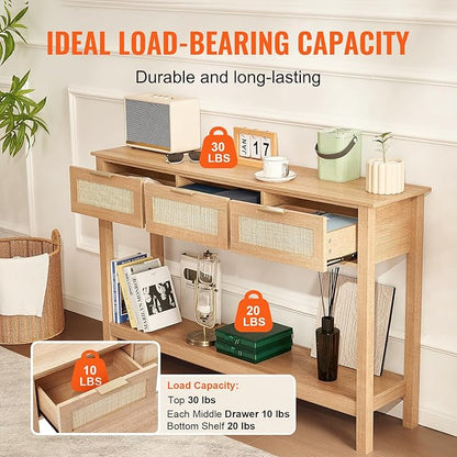 VEVOR Rattan Console Table, Entryway Table with 3 Storage Drawers, Hallway Table with Natural Rattan Sliding Door, Console Sofa Table for Living Room, Study, Entryway Or TV Wall, Natural