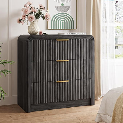 Fluted 3 Drawer Dresser, 31.8'' Tall Dresser for Bedroom, Modern Wood Chest of Drawers with Round Edge & Metal Handle, Large Nightstand with 3 Drawers for Living Room, Hallway, Entryway (Dark Walnut)