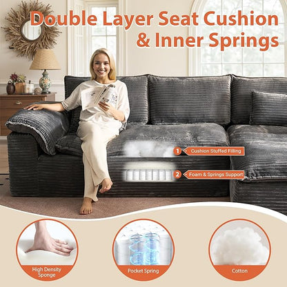 113 in Oversized Cloud Sofa with L Shape Chaise, Sectional Couches for Living Room, Assembly Free Modular Comfy Corduroy Sofa with Right Facing Chaise Longue for Home Apartment (Right Chaise, Gray)