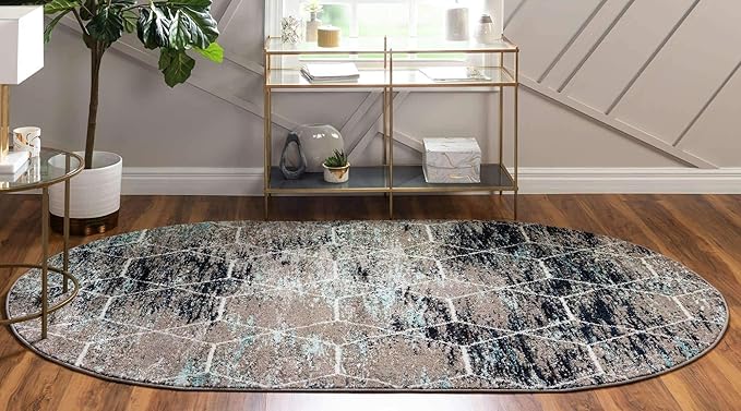 Unique Loom Trellis Frieze Collection Area Rug - Geometric (5' x 8' Oval, Blue Multi/ Ivory)