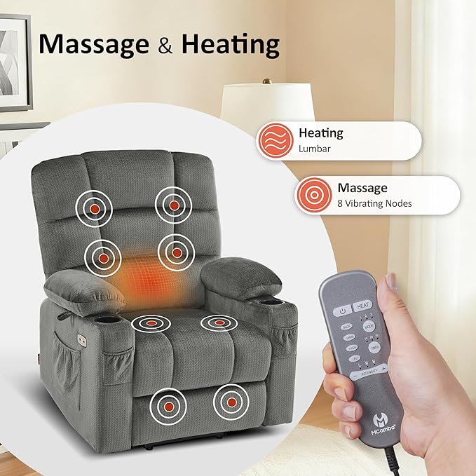 MCombo Dual Motor Power Lift Recliner Chair with Massage and Heat for Elderly People, Infinite Position, USB Ports, Cup Holders, Fabric 7679 (Medium, Grey)