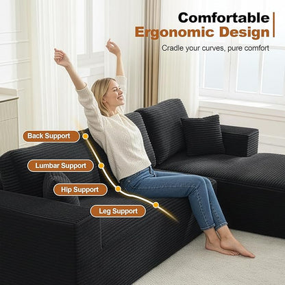L-Shape Cloud Modular Sectional Sofa Couch,Modern Boneless Sectional Couch with Deep Seat,Upholstered Couches for Living Room Bedroom,No Assembly Required,Black