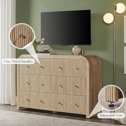 T4TREAM Fluted 6 Drawers Dresser for Bedroom, 54" Wide Modern Chest of Drawers with Thickened Curved Profile Design, Wood Dressers TV Stand for Bedroom, Living Room, Hallway, Natural Oak