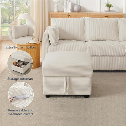 79" Small Couches with Storage Ottoman 3 Seat L Shaped Couch Sectional Sofa with Chaise Lounge for Apartment,Dorm,Bonus Room,Compact Spaces. (Beige, 3+OTT)