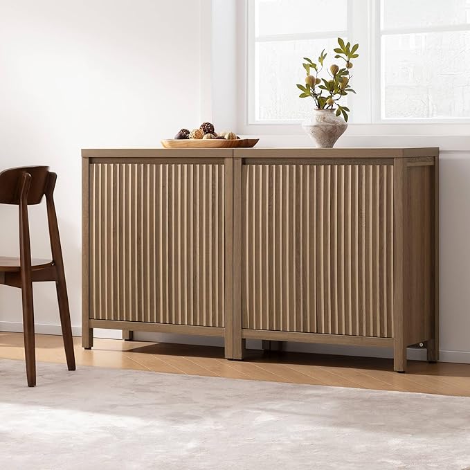 SICOTAS Sideboard Buffet Cabinet with Storage, Fluted Credenza Console Cabinet with Adjustable Shelves, Farmhouse Coffee Bar Storage Cabinets for Kitchen, Living Room, Entryway, Caramel Oak