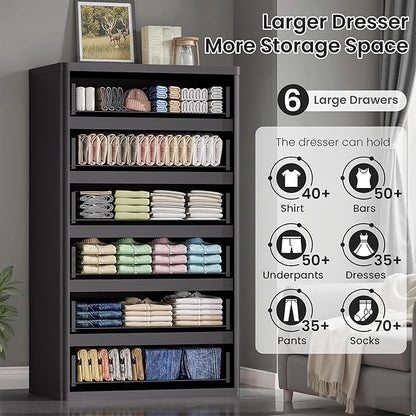 Black 56" Tall Dresser for Bedroom, Fluted Modern 6 Drawers Deep Dressers, Wood Chest of Drawers with Handleless, Curved Profil Storage Closet Dressers for Bedroom, Living Room, Hallway