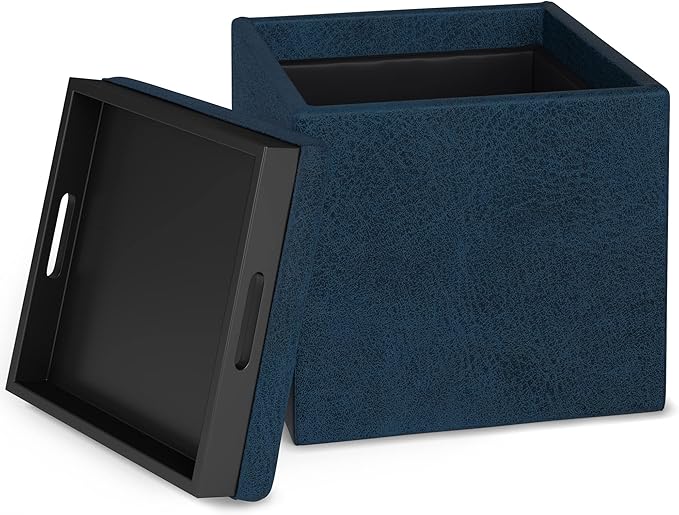 SIMPLIHOME Rockwood 18 inch Wide Contemporary Square Cube Storage Ottoman with Tray in Distressed Dark Blue Vegan Faux Leather, Assembled, For the Living Room, Entryway and Family Room