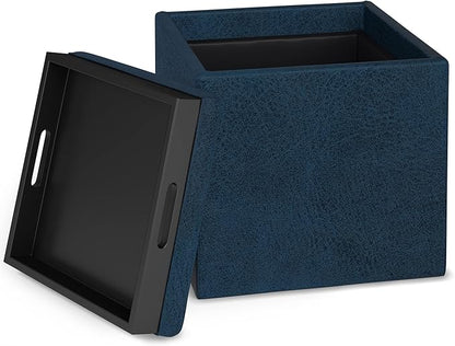 SIMPLIHOME Rockwood 18 inch Wide Contemporary Square Cube Storage Ottoman with Tray in Distressed Dark Blue Vegan Faux Leather, Assembled, For the Living Room, Entryway and Family Room