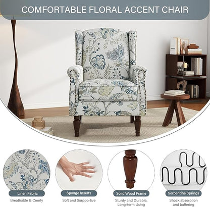 UIXE High Back Floral Accent Chair, Fabric Upholstered Armchair Wingback Chair for Living Room, Nailhead Trim Single Sofa Bedroom Side Reading Seat - Plants Blue