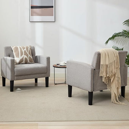 TYBOATLE Accent Chairs Set of 2 Comfy Living Room Chair Tufted Mid Century Modern Accent Chair, Cozy Upholstered Reading Arm Chair for Office, Bedroom (Light Grey, Set of 2)