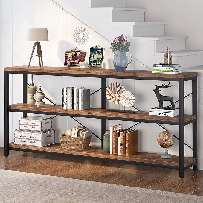 Tribesigns 71" Sofa Tables Extra Long Couch Table, Narrow Long Console Table, Entryway Table,Sofa Table with 3 Tiers Storage Shelves (Rustic Brown)