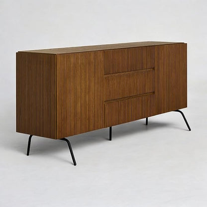 NTC Veil Large Sideboard with 2 Doors and 3 Drawers, Buffet Cabinet with Vertical Groove Design and Metal Legs, Storage Cabinet for Living Room, and Entryway, Effortless Assembly - Rustic Oak