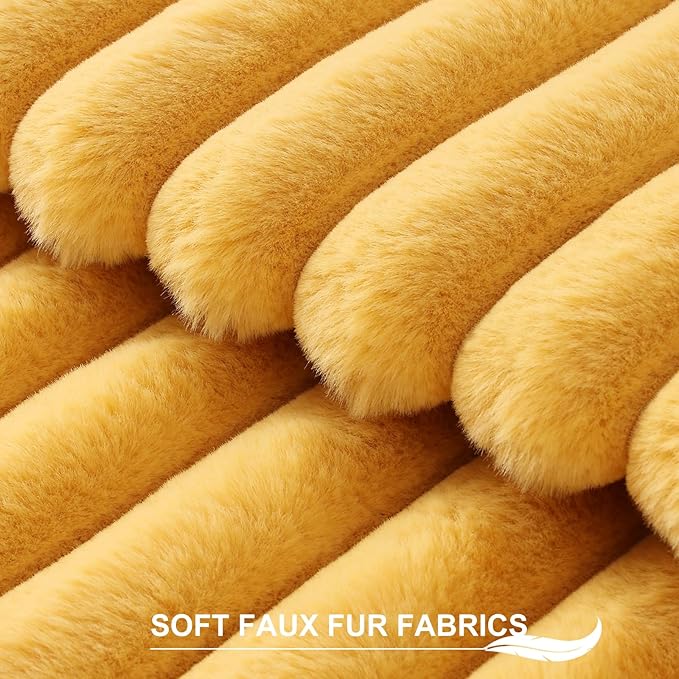 Pallene Faux Fur Plush Throw Pillow Covers 16x16 Set of 2, Luxury Soft Fluffy Striped Decorative Pillow Covers for Sofa, Couch, Living Room, Mustard Yellow