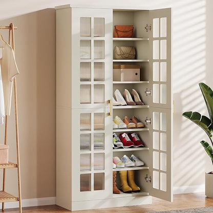 Tribesigns 70-Inch Tall Shoe Cabinet with Doors, 8-Tier Shoe Storage with Adjustable Shelves, Modern Shoe Organizer Shoe Rack Cabinet for Entryway, Hallway, Closet, Living Room, White and Gold