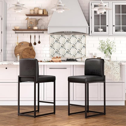 ALPHA HOME 24 Inch Bar Stools, Kitchen Counter Stools with Backs, Black Bar Stools Set of 2, PU Leather Barstools, Kitchen Stools with Back&Upholstered Footrest, Sturdy Chromed Metal Steel Frame