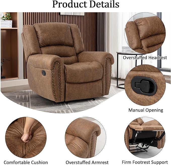 CANMOV Faux Leather Manual Recliner Sofa Set, Manual Recliner Chair, Reclining Loveseat and 3-Seat Sofa for Living Room,Bedroom Furniture, Office,Nut Brown