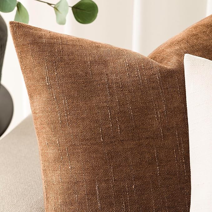 Foindtower Pack of 2 Soft Textured Chenille Throw Decorative Pillow Covers Square Accent Solid Cushion Cover Cozy Farmhouse Pillow Case with Zippe for Couch Sofa Bed Living Room 26x26 Inch, Bronze