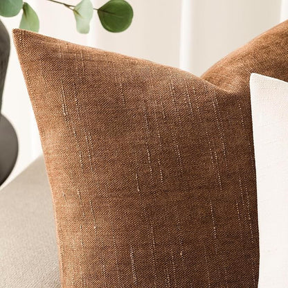 Foindtower Pack of 2 Soft Textured Chenille Throw Decorative Pillow Covers Square Accent Solid Cushion Cover Cozy Farmhouse Pillow Case with Zippe for Couch Sofa Bed Living Room 26x26 Inch, Bronze