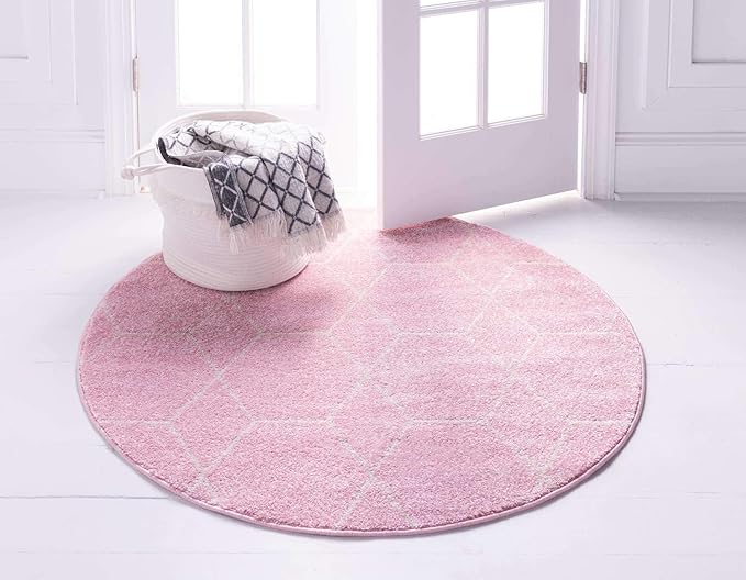 Unique Loom Trellis Frieze Collection Area Rug - Geometric (6' Round, Light Pink/ Ivory)
