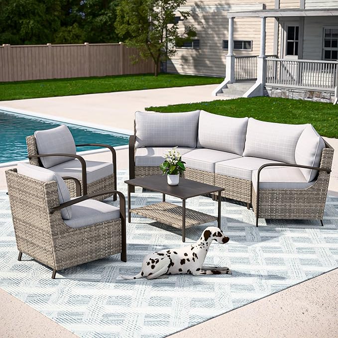 COOS BAY Aurora Terrace Half-Moon Outdoor Furniture Set, Rattan Conversation Set with Patio Chairs, Curved 4-Seat Sofa, Coffee Table, Seats 6, Beige/Beige