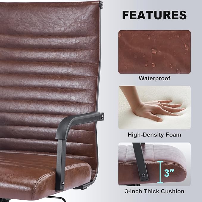 Office Desk Chair, Ergonomic Conference Room Chairs, PU Leather Executive Ribbed Computer Chair, Swivel Rolling Chair for Home Office