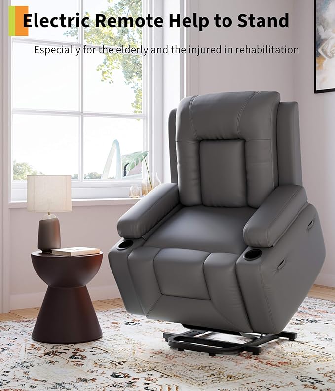 GarveeHome Power Lift Recliner Chair - Heat and Massage, Faux PU Electric Lift Recliner for Elderly & Mobility Impaired, Adjustable Back and Legs, Heavy Duty Lift Chair for Seniors